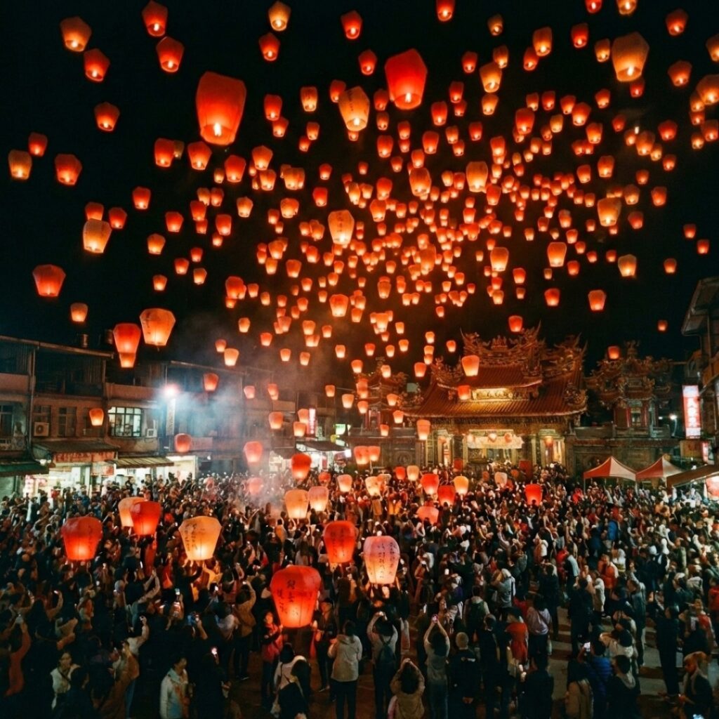 대만 타이베이의 전통 천등 날리기 축제 현장