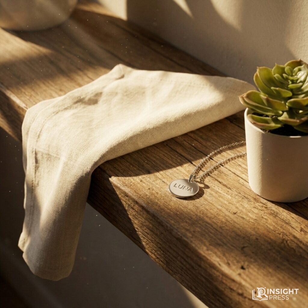 따뜻한 오후 햇살이 비치는 원목 테이블 위에 정갈하게 놓인 가죽 소재의 반려견 목줄과 이름표, 그리고 옆에 놓인 따뜻한 차 한 잔이 주는 정서적인 평온함