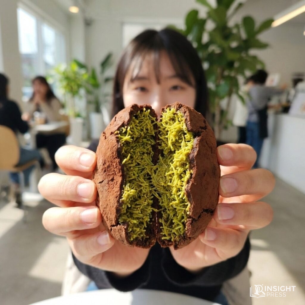 피스타치오 스프레드에 버무려진 바삭한 카다이프 면의 섬유질 같은 질감이 극대화된 두쫀쿠의 상세 컷