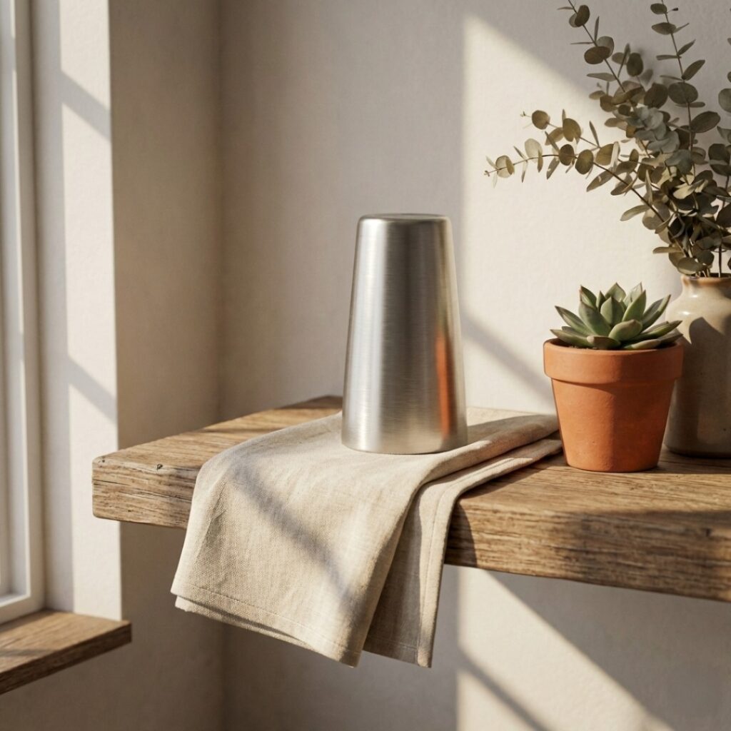 따뜻한 아침 햇살이 스며드는 원목 테이블 위에 놓인 세련된 디자인의 스테인리스 텀블러와 곁에 놓인 레몬 조각, 그리고 투명한 유리병