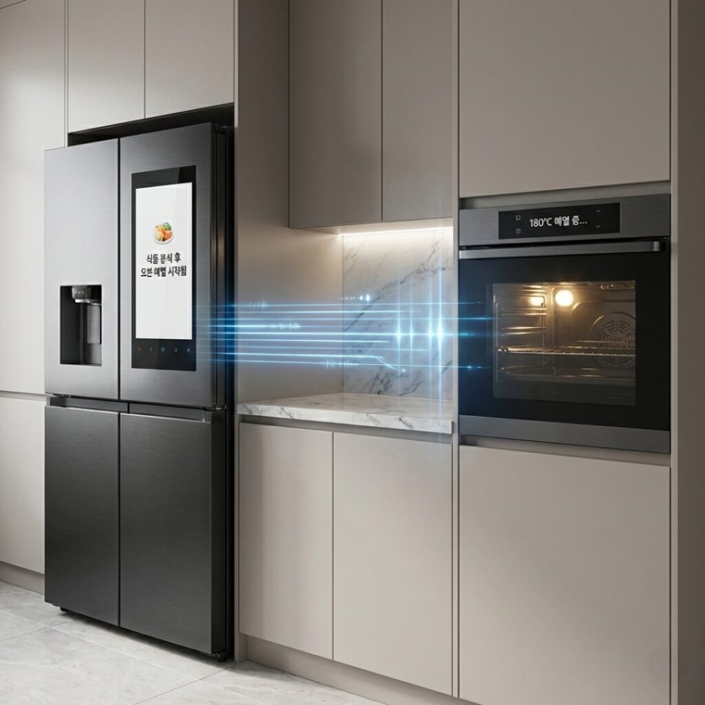 주방 가전과 거실 가전이 데이터를 주고받으며 에너지와 일정을 최적화하는 과정을 보여주는 지능형 스마트홈 네트워크 시각화 자료