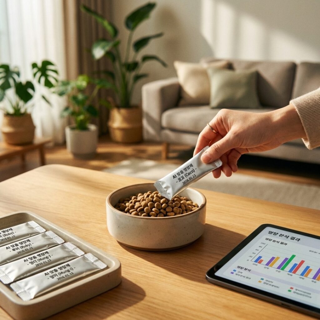 태블릿 PC의 분석 데이터에 따라 반려동물 전용 맞춤 영양제 팩을 준비하는 정성스러운 손길