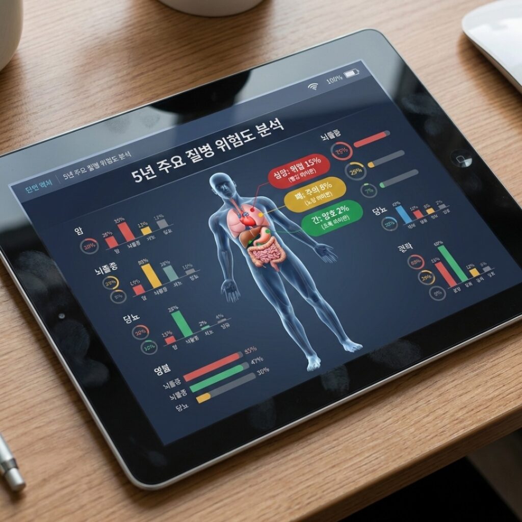 스마트폰 앱에서 심혈관 질환 위험도와 혈당 변화 추이를 한글 그래프와 데이터로 정교하게 보여주는 화면