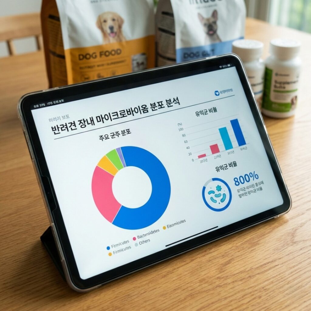 스마트폰 화면에서 강아지의 걷는 자세를 분석하여 관절 건강 점수와 위험도를 시각화해 보여주는 AI 분석 화면