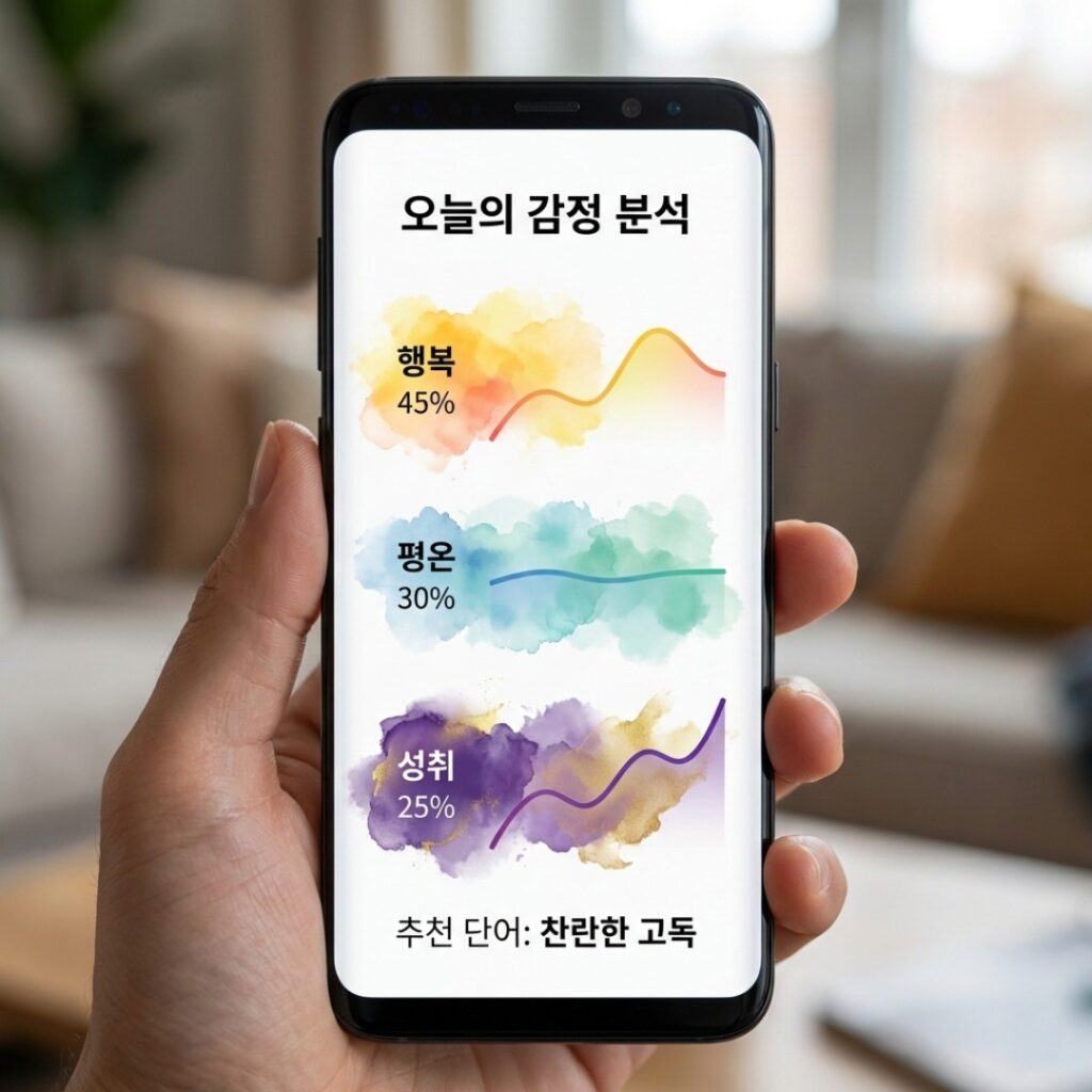 스마트폰 화면에서 사용자의 일기를 분석해 '고요한 사색', '옅은 설렘' 등 정교한 감정 어휘를 추천해 주는 세련된 UI의 앱 화면