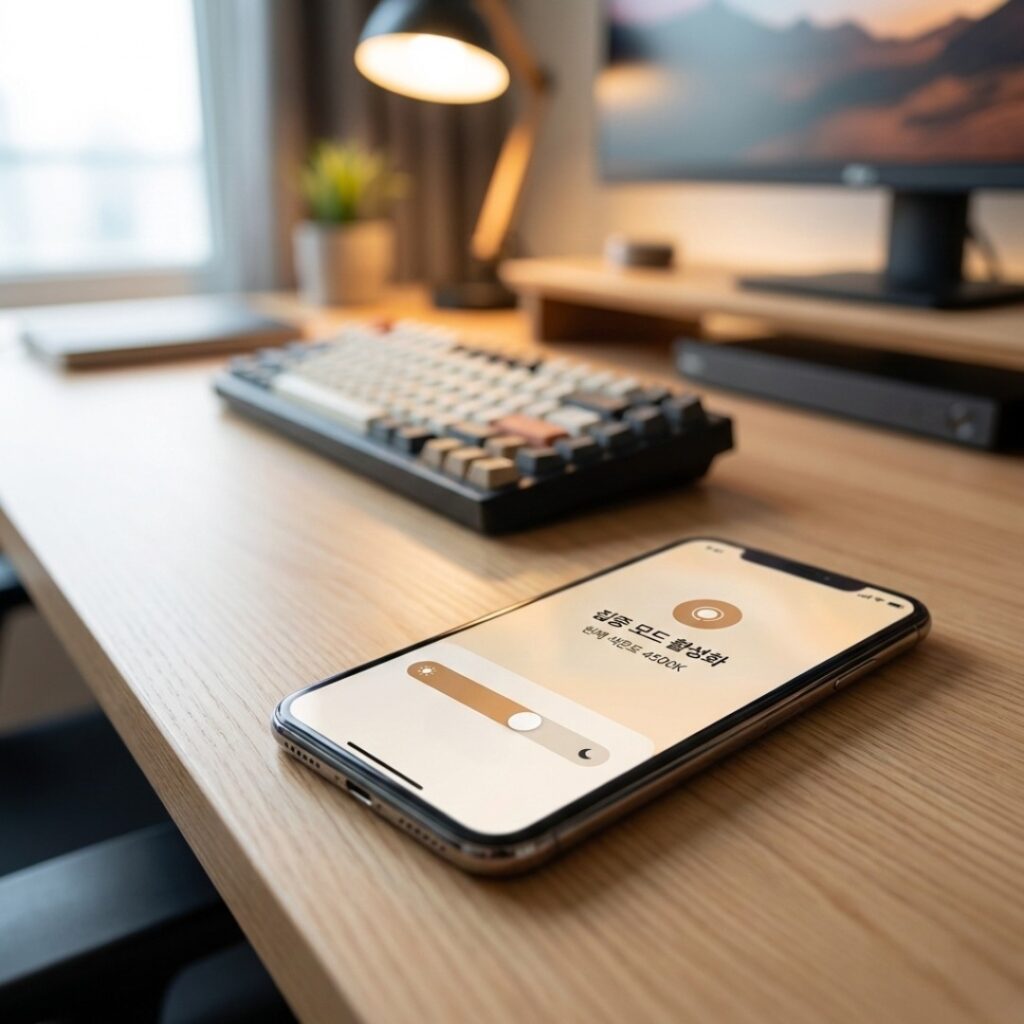 사용자의 생체 리듬에 맞춰 색온도가 변하는 스마트 조명과 모니터 암이 설치된 깔끔한 데스크테리어 환경