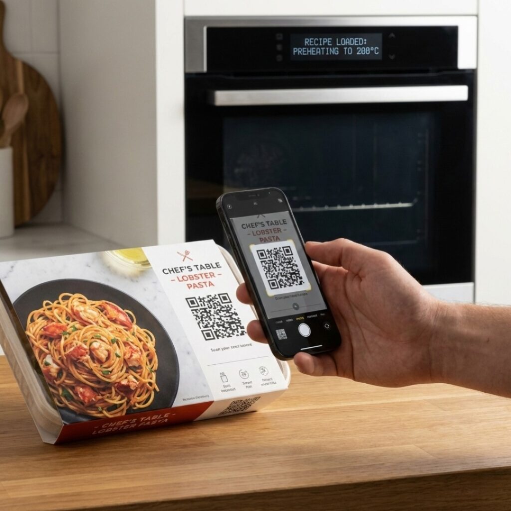 스마트폰으로 밀키트 QR 코드를 스캔하여 주방 가전과 연동하는 장면