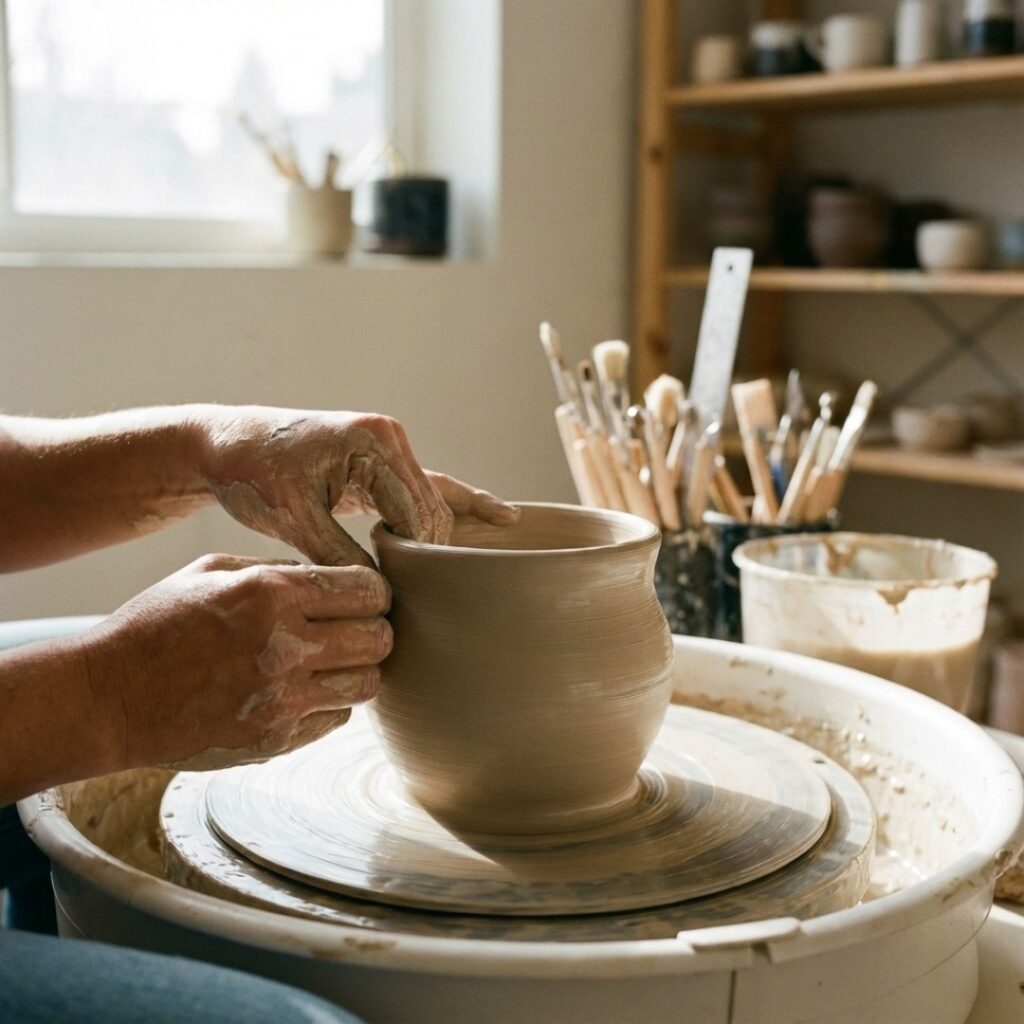 물레 위에서 부드러운 점토를 정교하게 빚어내며 인지 예비능을 높이는 창작 활동 중인 손의 모습