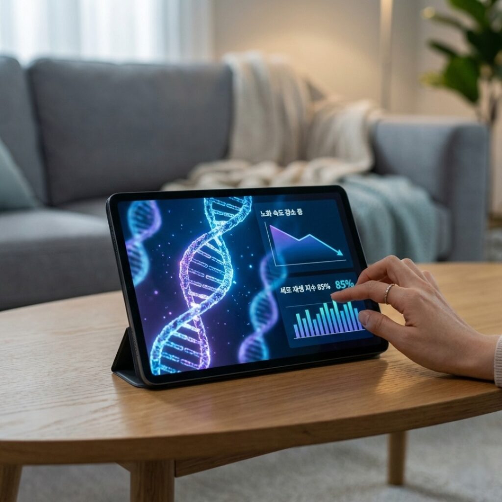 스마트폰 화면에서 현재 생체 나이와 동년배 대비 노화 속도 그래프를 정교하게 보여주는 AI 건강 앱 화면