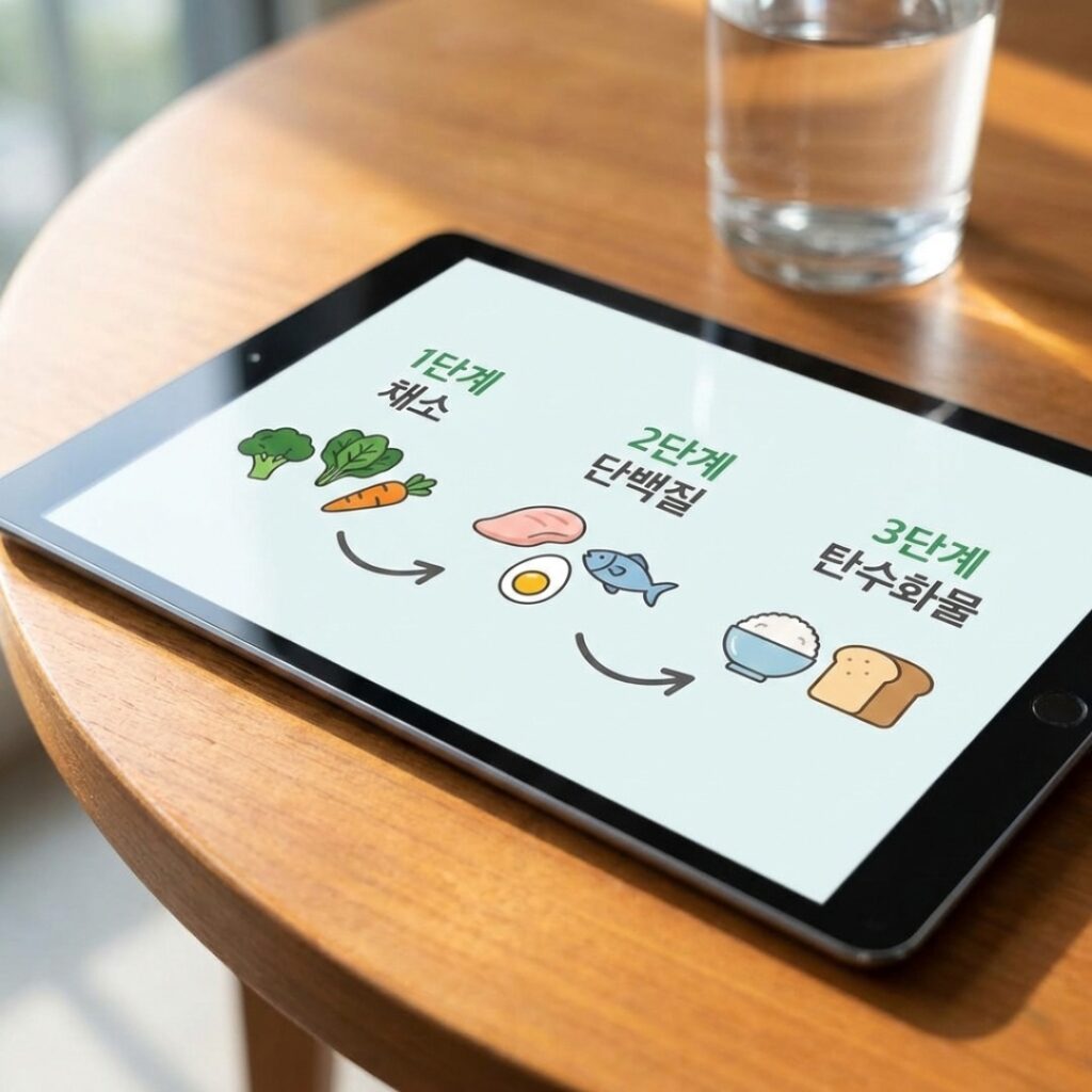 식사 순서에 따른 혈당 변화 그래프와 올바른 섭취 순서를 시각화하여 보여주는 세련된 인포그래픽