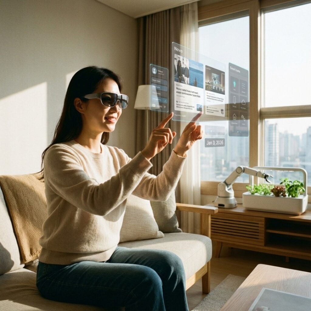 2026년형 스마트홈 허브 화면에서 사용자에게 맞춤형 일정을 제안하는 인공지능 에이전트의 홀로그램 인터페이스