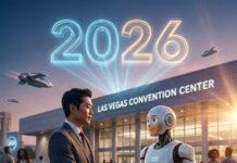 “TV보다 로봇이 더 기대돼?” CES 2026 미리보기: 내 삶에 들어올 ‘진짜 AI’ 라스베이거스 CES 2026 전시장 입구에서 미래형 휴머노이드 로봇과 함께 기념사진을 찍고 있는 세련된 차림의 한국인 관람객들