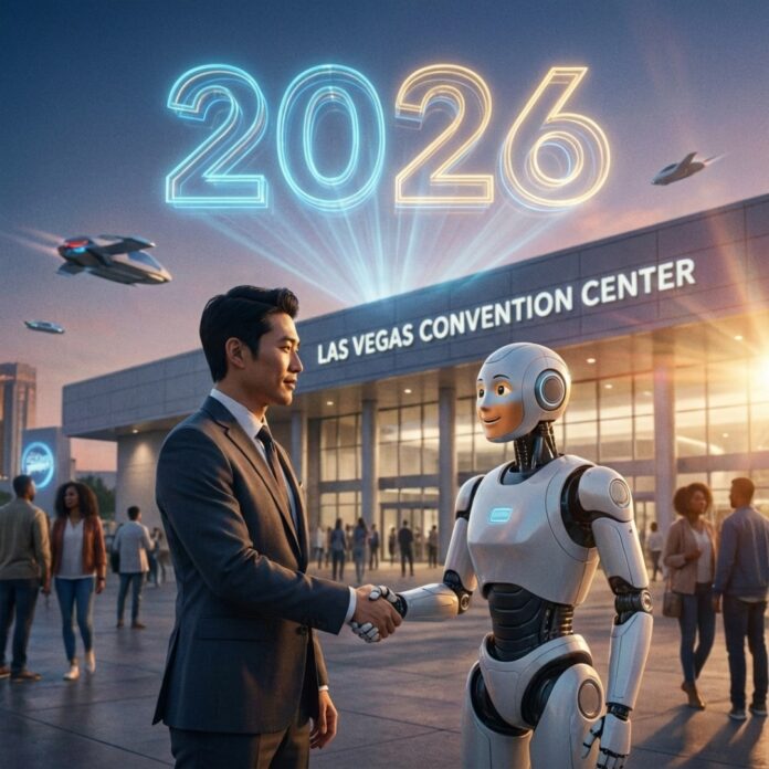 라스베이거스 CES 2026 전시장 입구에서 미래형 휴머노이드 로봇과 함께 기념사진을 찍고 있는 세련된 차림의 한국인 관람객들