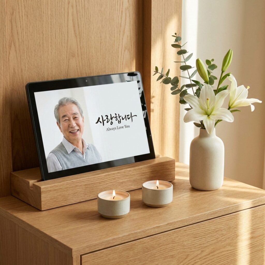 생전 사진과 추억이 담긴 영상을 보여주는 세련된 디자인의 디지털 위패 디스플레이