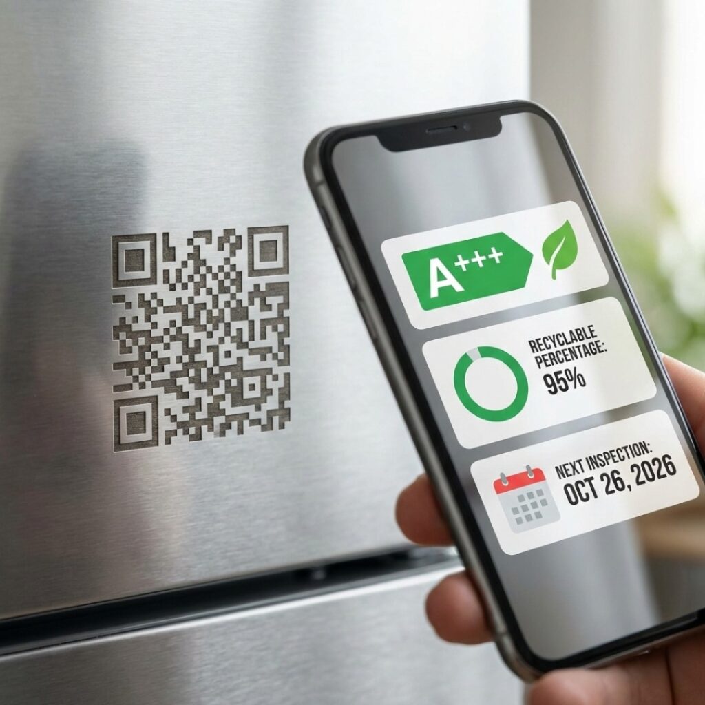 스마트폰으로 가전제품의 QR 코드를 스캔하여 부품 수명과 탄소 배출량을 확인하는 디지털 제품 여권 화면