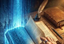 AI가 요약해도 사라지지 않는 ‘진짜’의 가치, 제로클릭 시대와 근본이즘의 부상 푸른 빛의 디지털 코드와 따뜻한 질감의 오래된 양장본 책이 대비를 이루며 제로클릭 시대 속 아날로그와 전통의 가치를 상징하는 모습