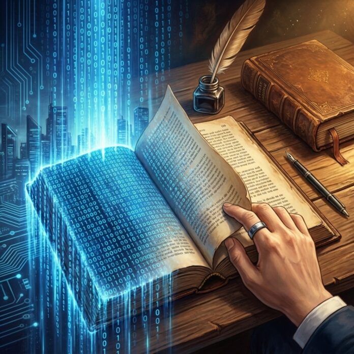 푸른 빛의 디지털 코드와 따뜻한 질감의 오래된 양장본 책이 대비를 이루며 제로클릭 시대 속 아날로그와 전통의 가치를 상징하는 모습