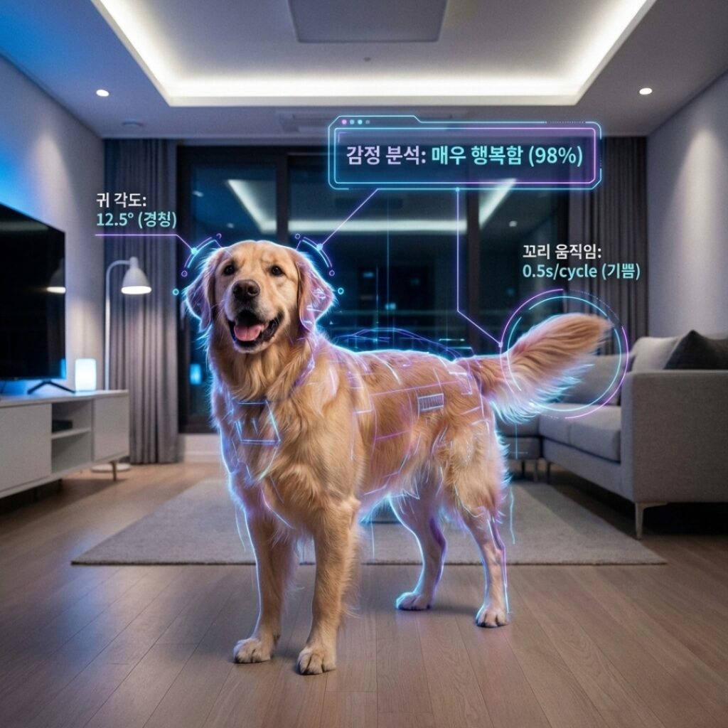 카메라로 강아지의 자세와 꼬리 움직임을 스캔하여 감정을 분석하는 AI 인터페이스 화면