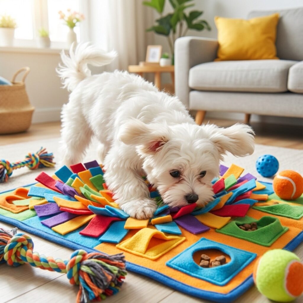 집안 거실에서 노즈워크 매트를 활용해 즐겁게 간식을 찾으며 운동하는 강아지의 모습