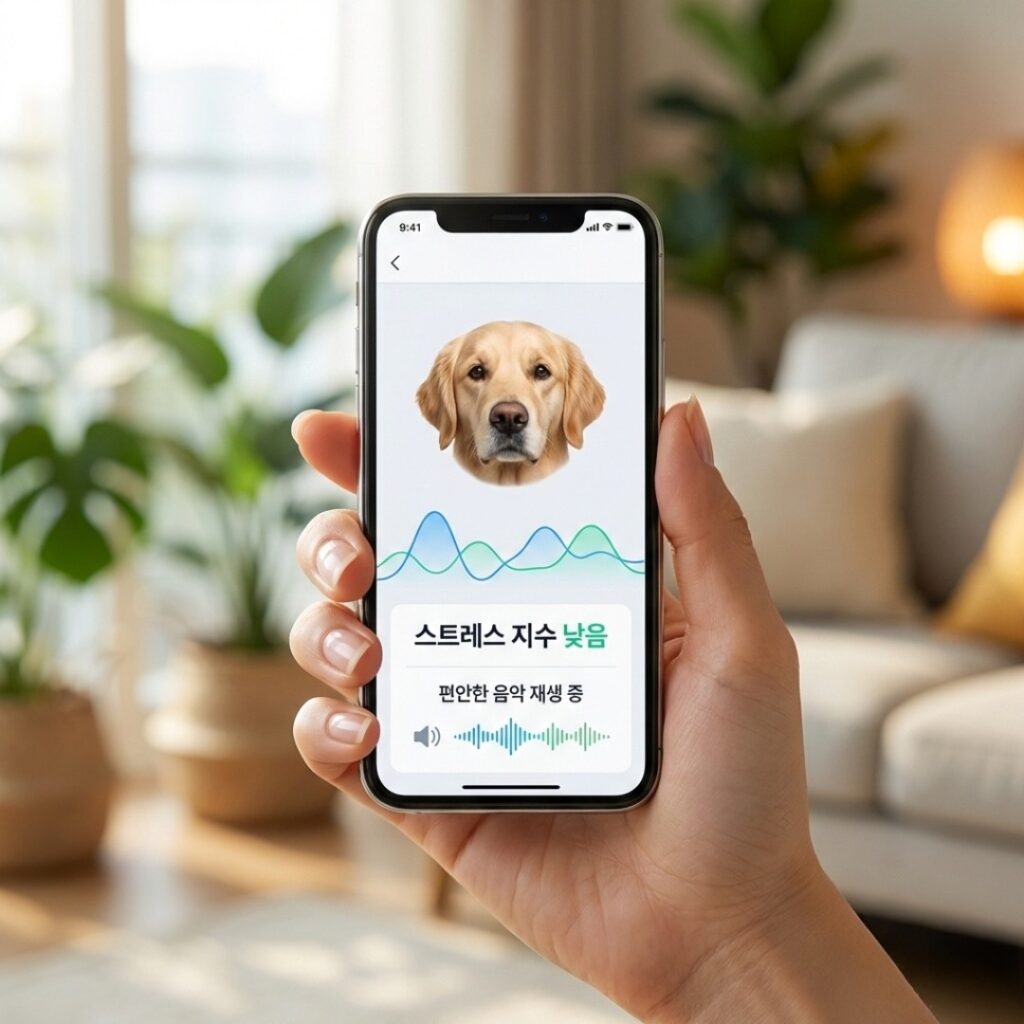 스마트폰 화면에 강아지의 실시간 스트레스 지수와 AI가 추천한 진정 음악 리스트가 표시된 모습
