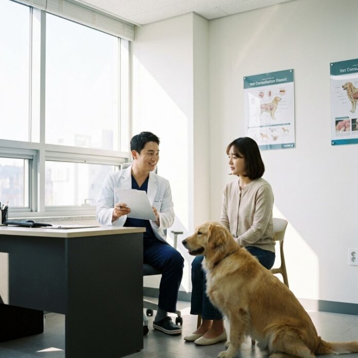 dog-temperament-test-korean-vet 동물병원에서 수의사에게 기질평가 상담을 받는 한국인 견주와 강아지