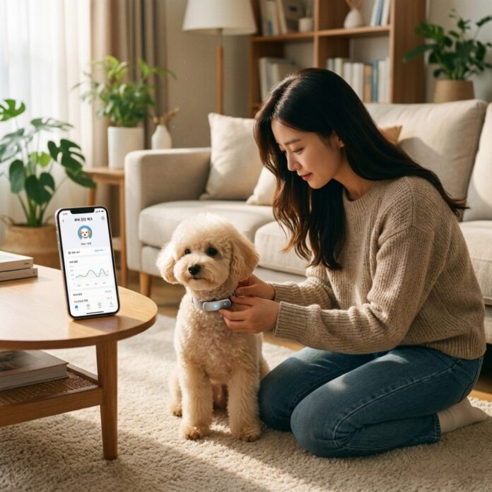 스마트폰 앱으로 반려견의 활동량과 관절 건강 데이터를 확인하며 강아지를 쓰다듬는 30대 한국인 여성