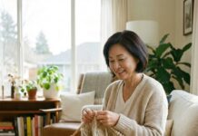 “디지털 치매 비켜!” 손끝으로 깨우는 뇌 건강과 아날로그 취미의 비밀 따뜻한 햇살 아래에서 평온하게 뜨개질에 집중하며 뇌 건강을 관리하는 인자한 모습의 중년 여성