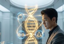 운명을 바꾸는 습관의 과학, 후성유전학 건강 관리 실전 가이드 DNA 이중나선 구조 옆에서 건강한 식단과 운동 아이콘의 스위치를 켜는 현대적인 건강 관리 컨셉