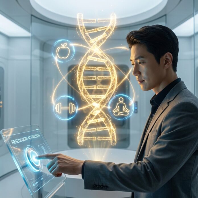 DNA 이중나선 구조 옆에서 건강한 식단과 운동 아이콘의 스위치를 켜는 현대적인 건강 관리 컨셉