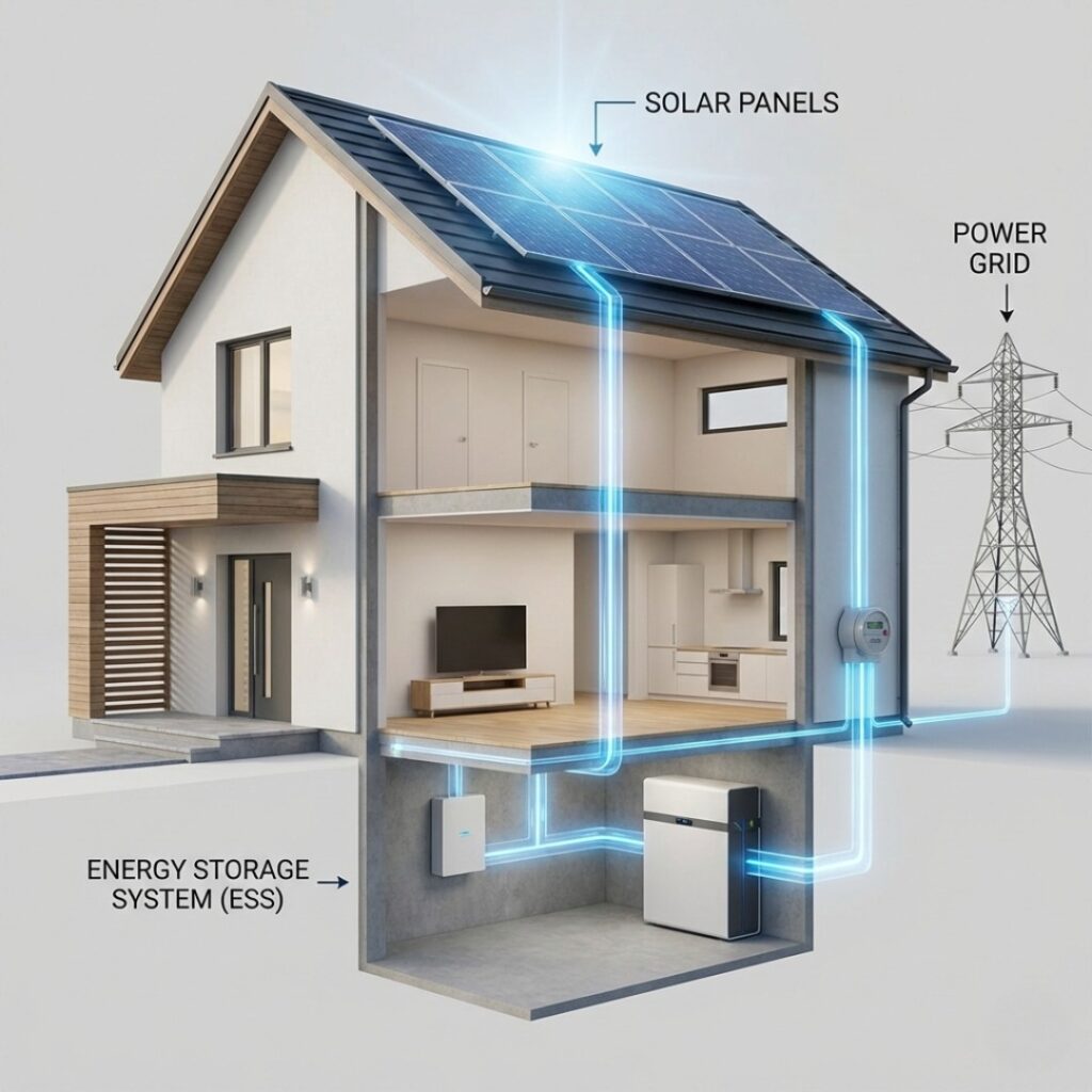 가정용 태양광 패널과 ESS 저장장치가 연동되어 전력 거래소로 에너지를 전송하는 과정을 보여주는 3D 인포그래픽