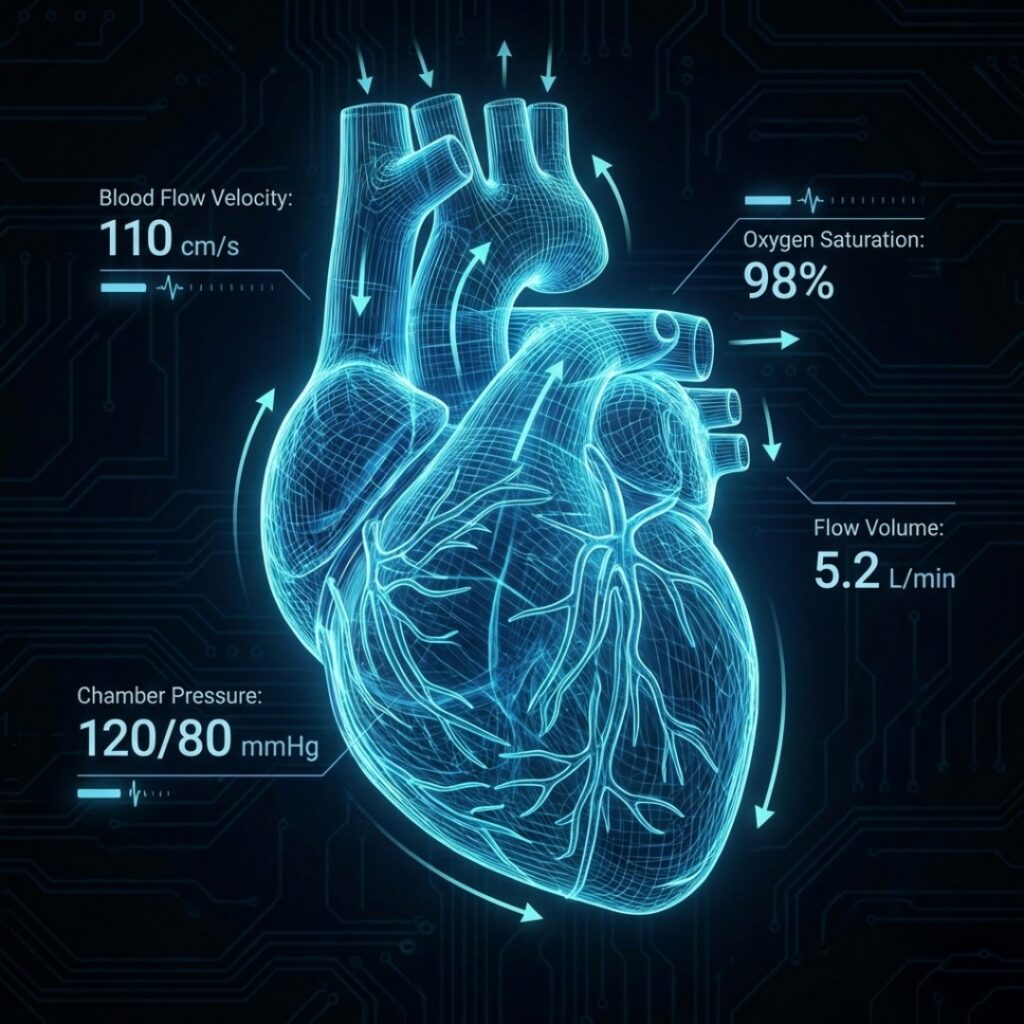 가상 공간에서 심장과 혈관의 건강 상태를 실시간 데이터로 시뮬레이션하는 디지털 인터페이스