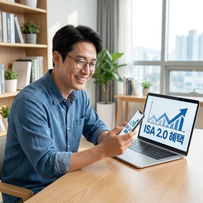 스마트폰으로 상향된 ISA 계좌의 비과세 혜택과 납입 한도를 확인하며 미소 짓는 한국인 남성
