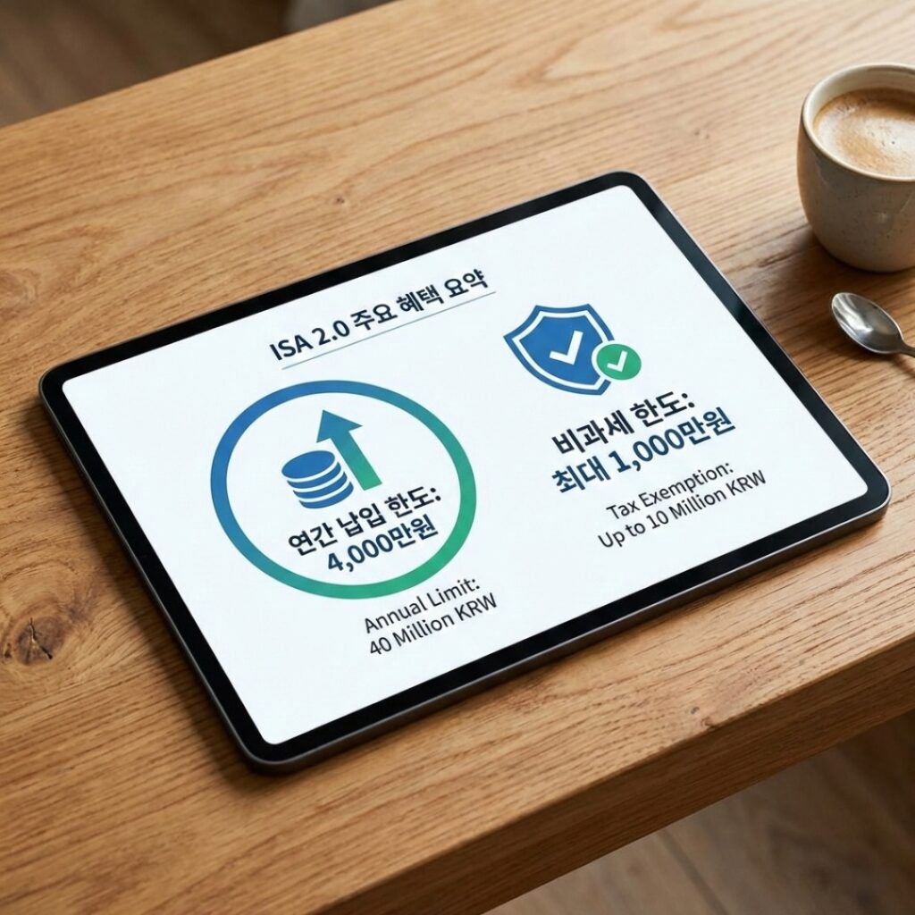 일반형과 서민형 ISA의 비과세 한도 및 분리과세 혜택을 비교한 깔끔한 인포그래픽 화면