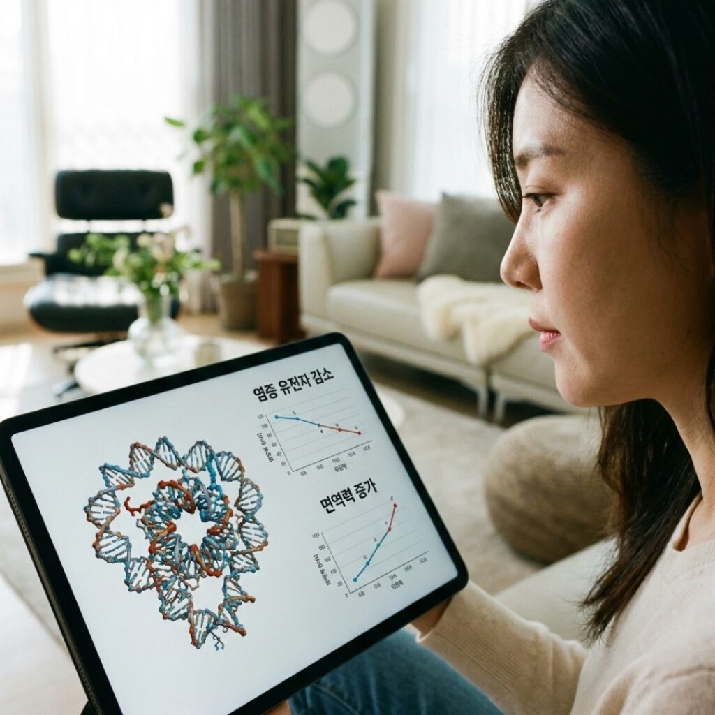 명상하는 인물 주위로 유전자 발현 수치가 데이터로 시각화되어 표시되는 스마트 헬스케어 인터페이스