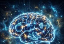 의지력이 아니라 ‘뇌’를 바꿔라? 신경 가소성 다이어트와 홈트의 조화 인간의 뇌 신경망이 빛나며 건강한 음식과 운동 아이콘으로 재구성되는 신비로운 모습