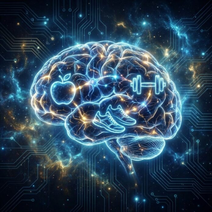 인간의 뇌 신경망이 빛나며 건강한 음식과 운동 아이콘으로 재구성되는 신비로운 모습