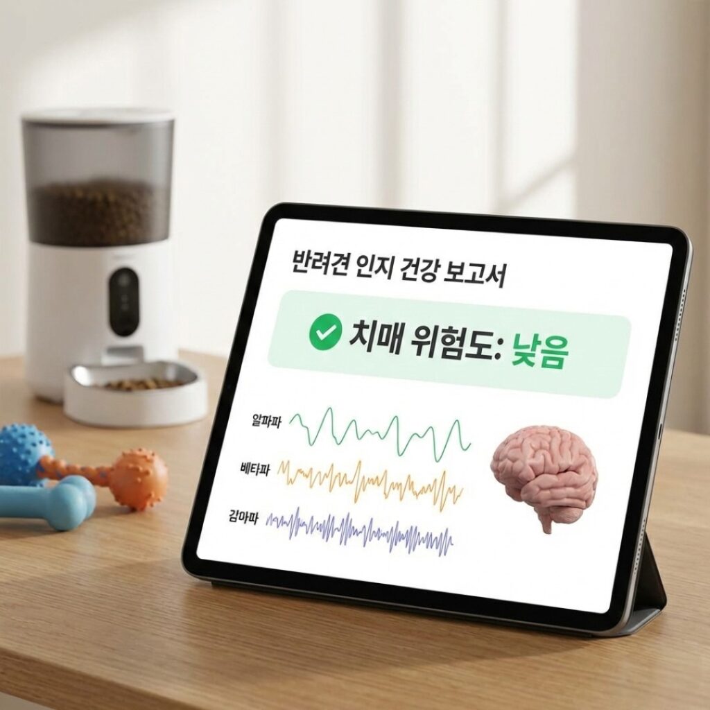 스마트폰 화면에 강아지의 인지 기능 점수와 치매 위험도 분석 그래프가 한글로 표시된 AI 펫케어 앱 화면