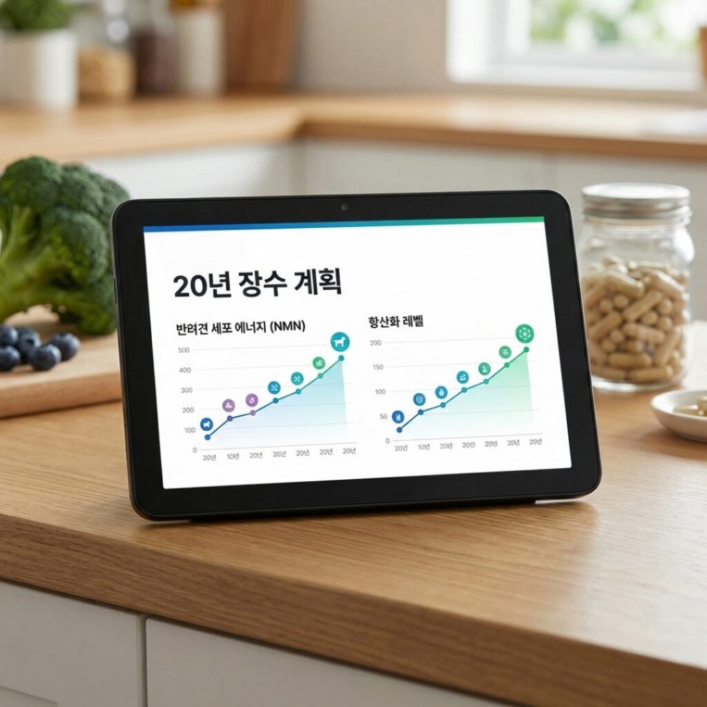 스마트폰 앱에서 반려동물의 항노화 영양 성분 수치와 권장 식단 가이드가 한글로 정교하게 표시된 화면