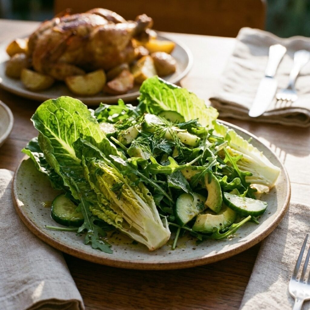 식탁 위 신선한 샐러드를 먼저 먹으며 식사 순서를 지키는 모습