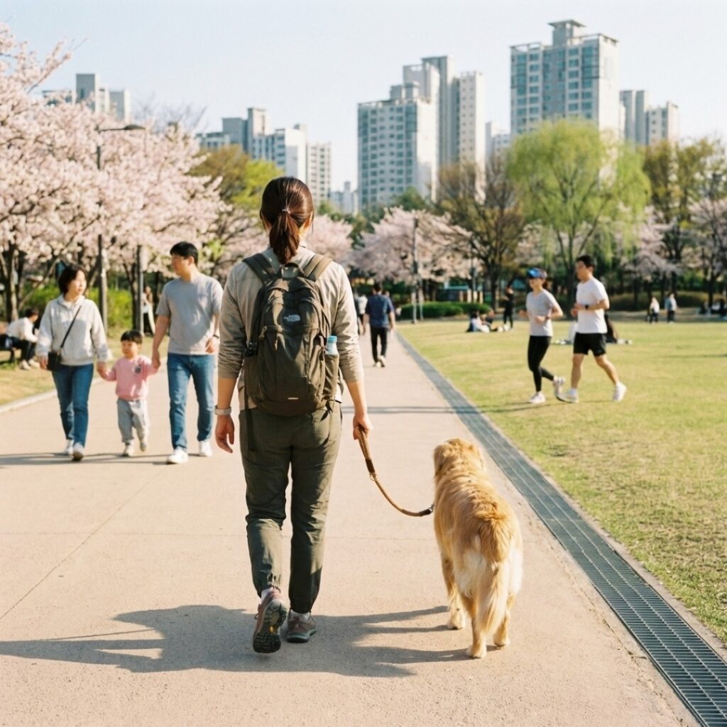 공원에서 입마개와 목줄을 착용하고 안전하게 산책하는 대형견의 모습