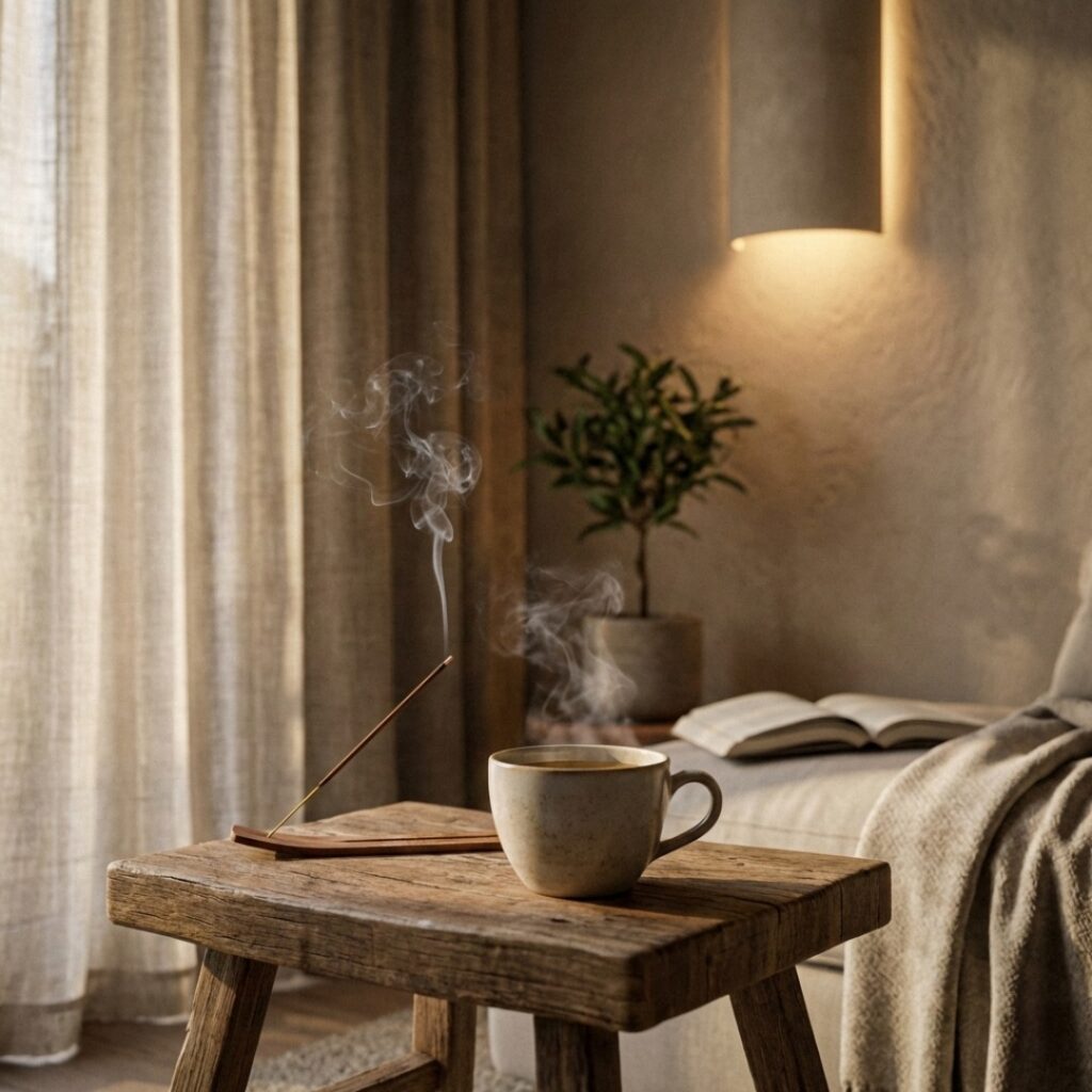 따뜻한 질감의 패브릭 소파와 은은한 무드등, 그리고 싱그러운 반려식물이 조화를 이루어 평온한 치유의 분위기를 자아내는 거실의 한 구석