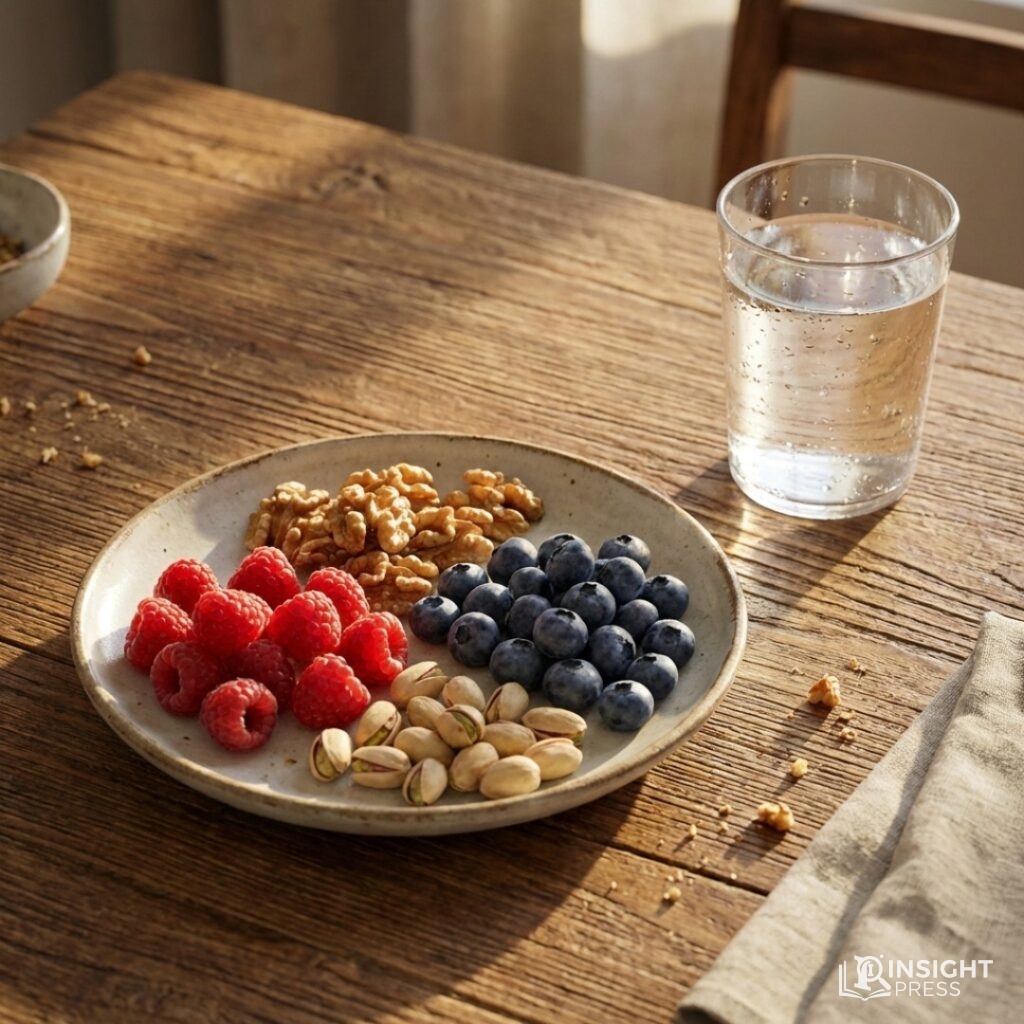 따뜻한 질감의 원목 테이블 위에 정갈하게 놓인 견과류와 신선한 베리류, 그리고 그 위로 쏟아지는 부드러운 자연광이 만들어내는 생명력 있는 분위기