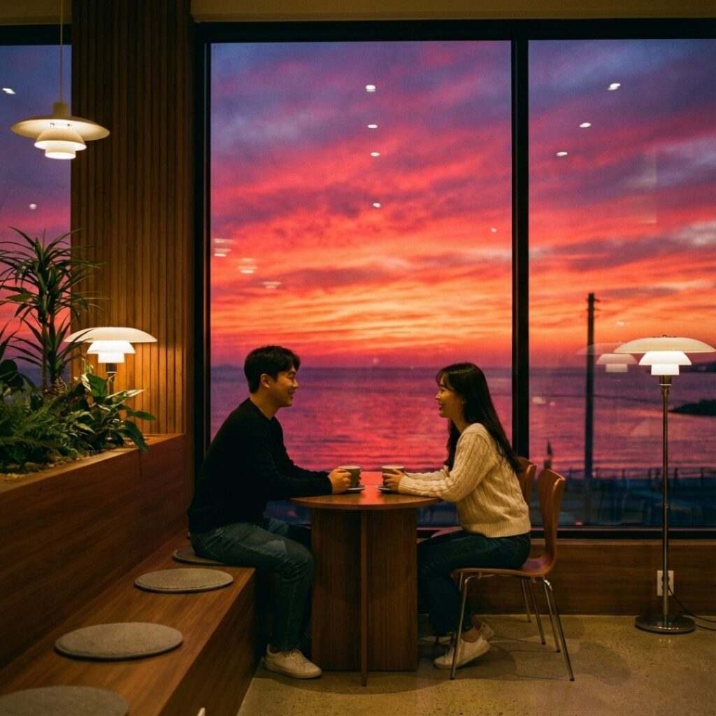 해변 카페 창가에서 붉은 노을을 바라보며 커피를 마시는 한국인 남녀
