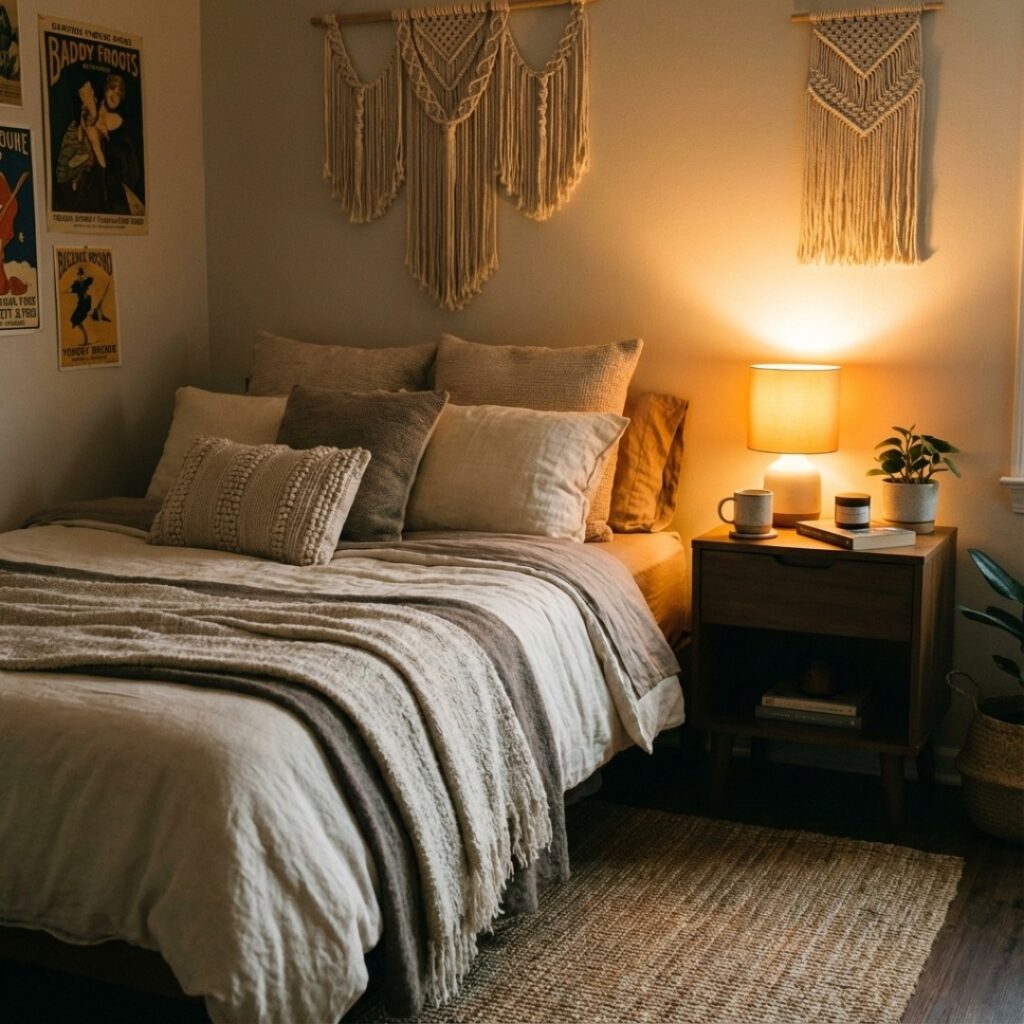 은은한 조명이 켜진 차분한 분위기의 스마트 침실 인테리어