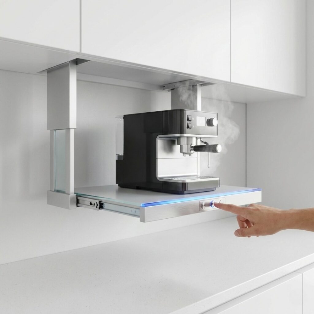 주방 벽면에 설치된 스마트 디스플레이로 가전들을 통합 제어하는 모습