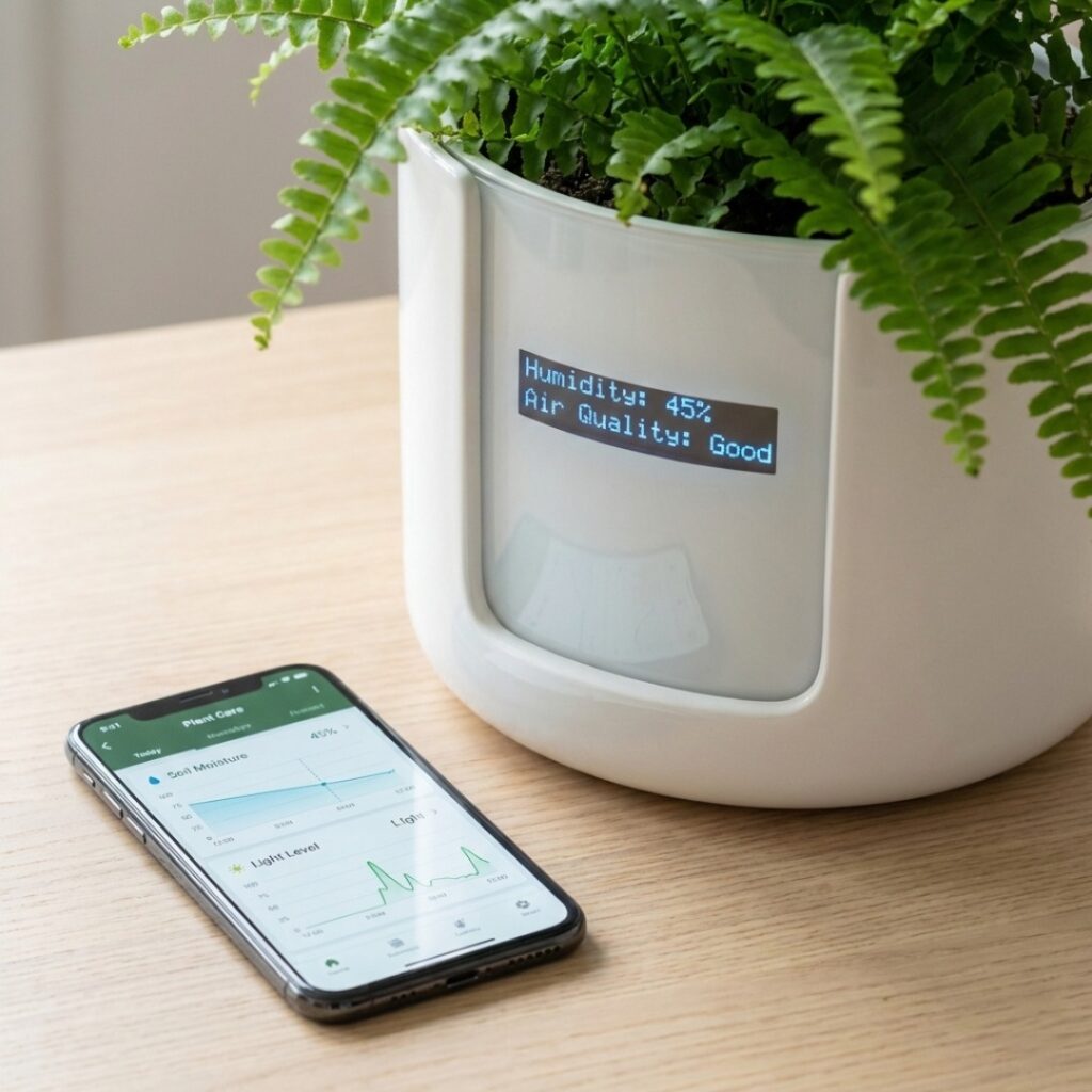 스마트폰 앱과 연동되어 식물의 상태와 주변 공기 질 데이터를 보여주는 스마트 화분과 센서