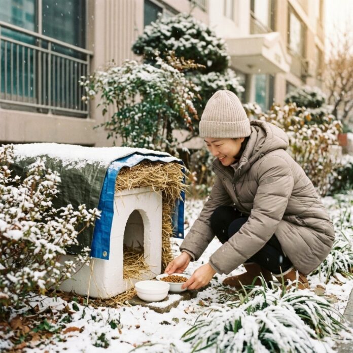 겨울철 화단 구석에 깔끔하게 설치된 길고양이 겨울집을 점검하는 다정한 모습