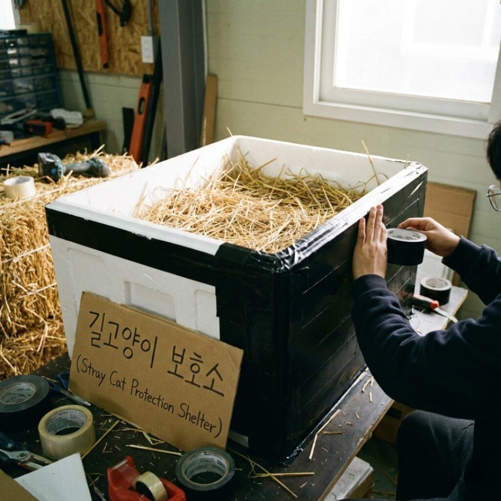 스티로폼 박스와 방수 테이프를 이용해 정성스럽게 제작된 길고양이 전용 겨울집 단면