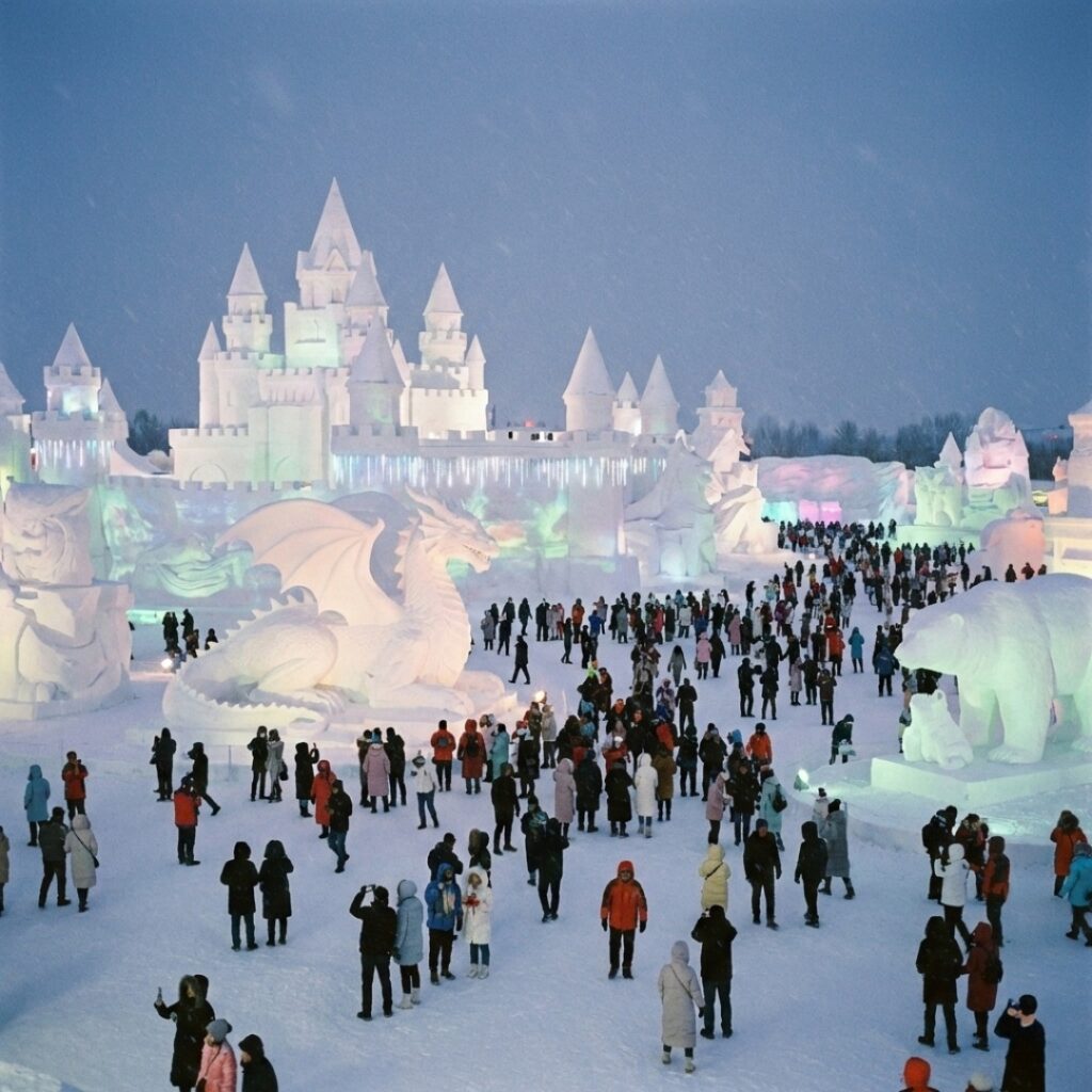 태백산 눈축제장에 전시된 거대하고 정교한 눈 조각 작품들