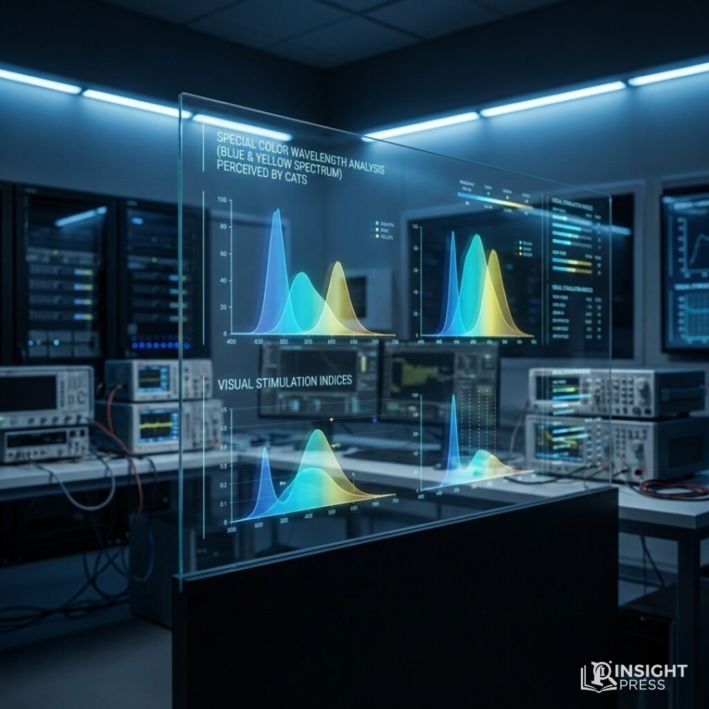 고양이가 인지하는 특수 색상 파장 데이터와 시각적 자극 지수가 정교한 디지털 그래프로 분석되어 나타나는 테크니컬한 연구실 장면